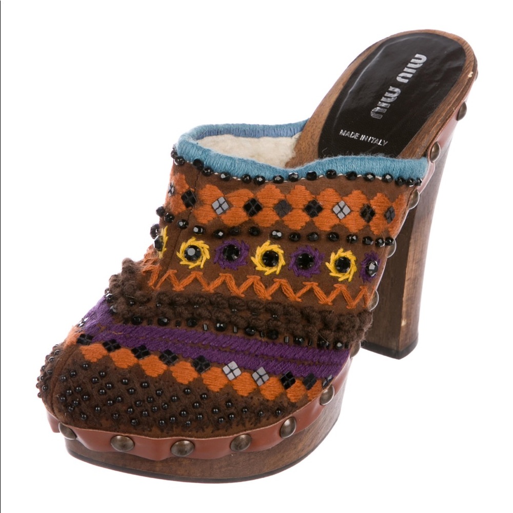 Miu Miu Embroidered Round Toe Mules